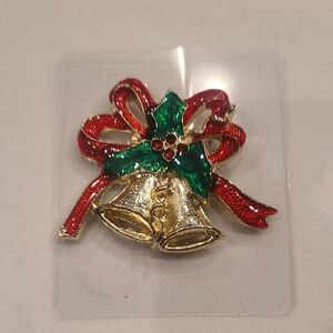 Festive Red and Green Bell Brooch Pin